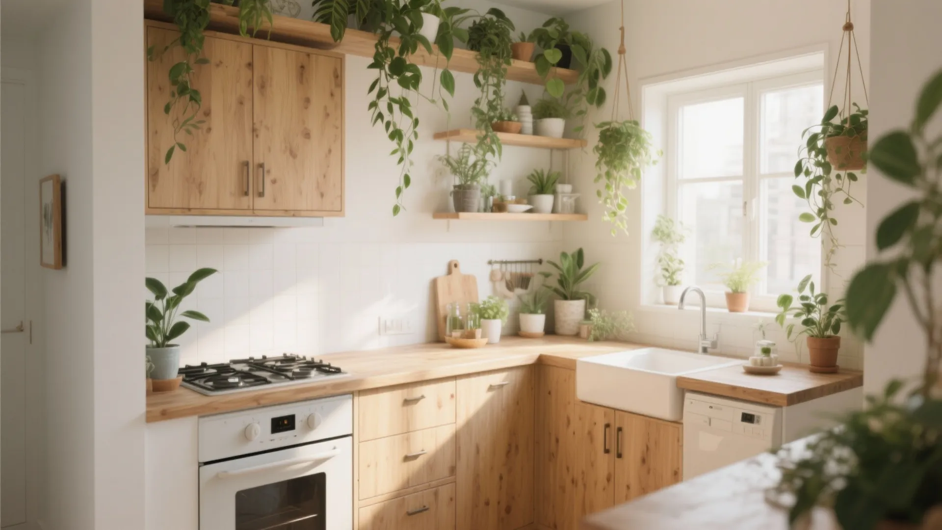 Bright kitchen with wooden cabinets white stove sink window and many green hanging potted plants