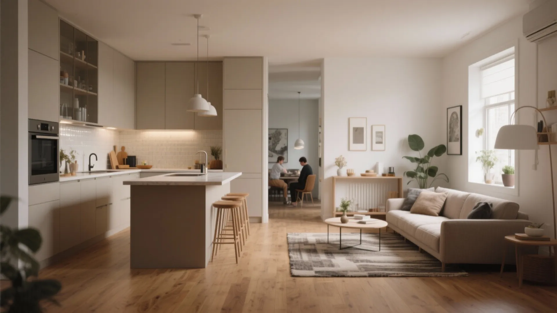 Open plan kitchen and living room with white sofa wooden floor island and ceiling lights