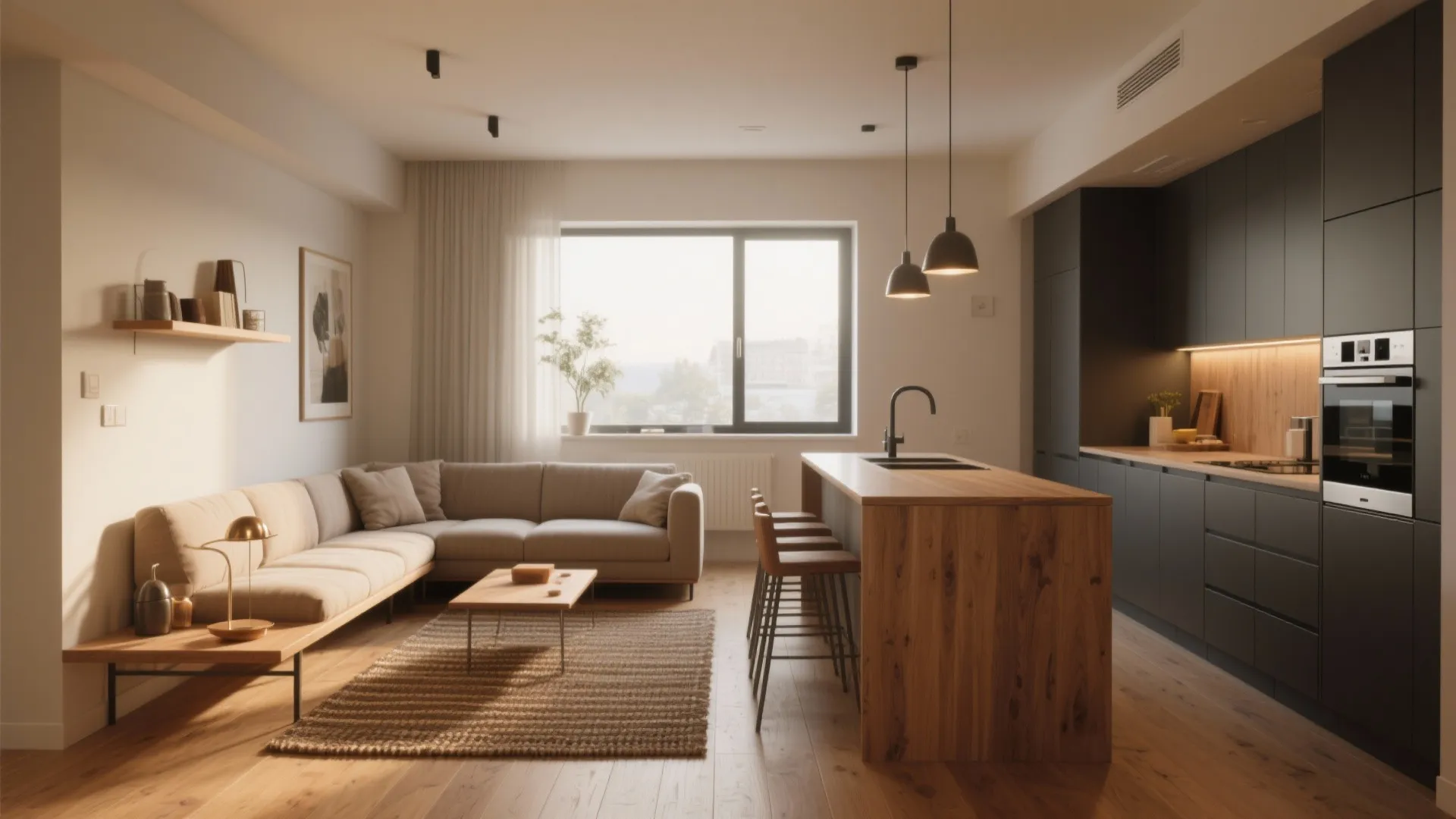 Modern open-plan living room and kitchen featuring a beige sofa wooden table and dark cabinets