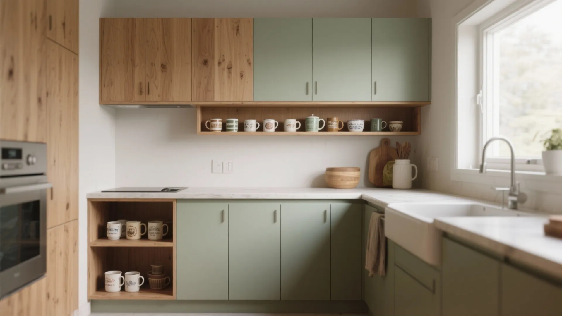 Modern kitchen with green cabinets wooden wall units white marble countertop sink and coffee mugs