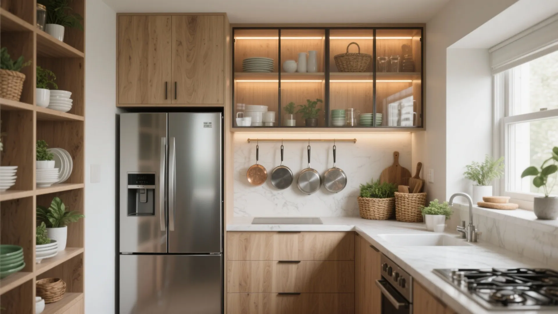 Modern kitchen with wooden cabinets, large fridge, glass cupboards, marble backsplash, and hanging metal pans