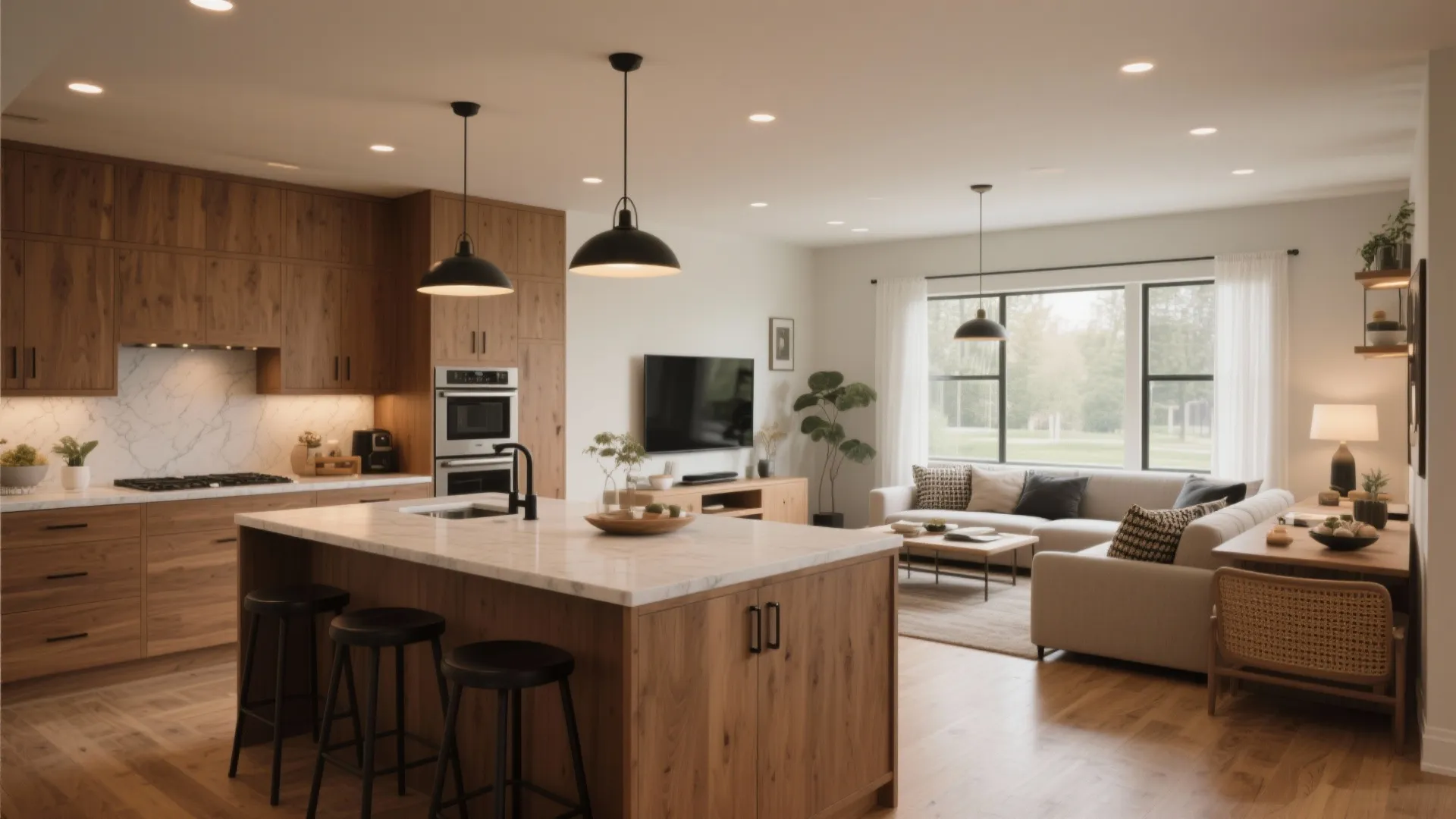 Spacious kitchen island with marble top black ceiling lights wooden cabinets and living room view