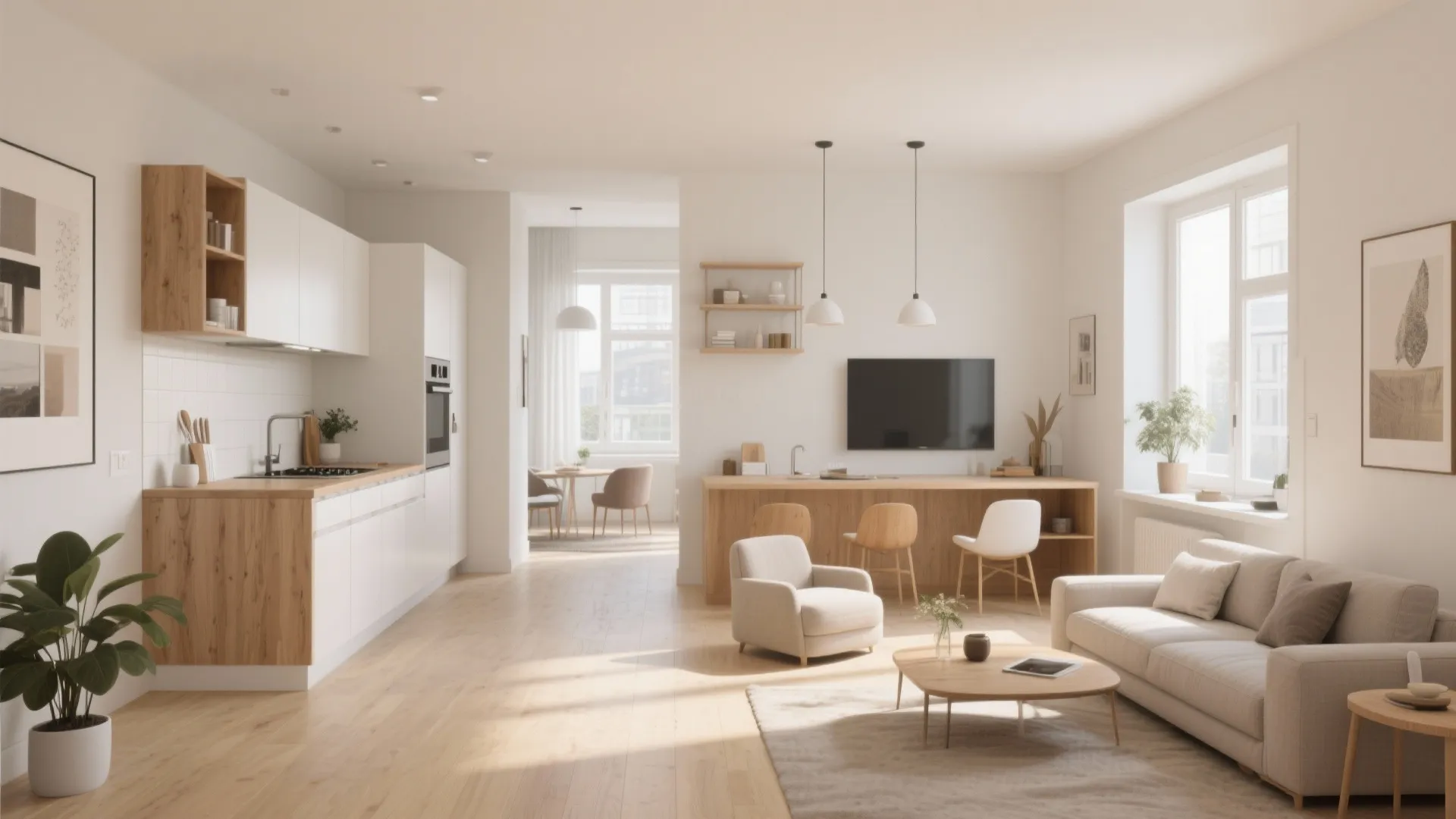 Bright open plan apartment featuring white kitchen cabinets, wooden floors, beige sofa, and natural light