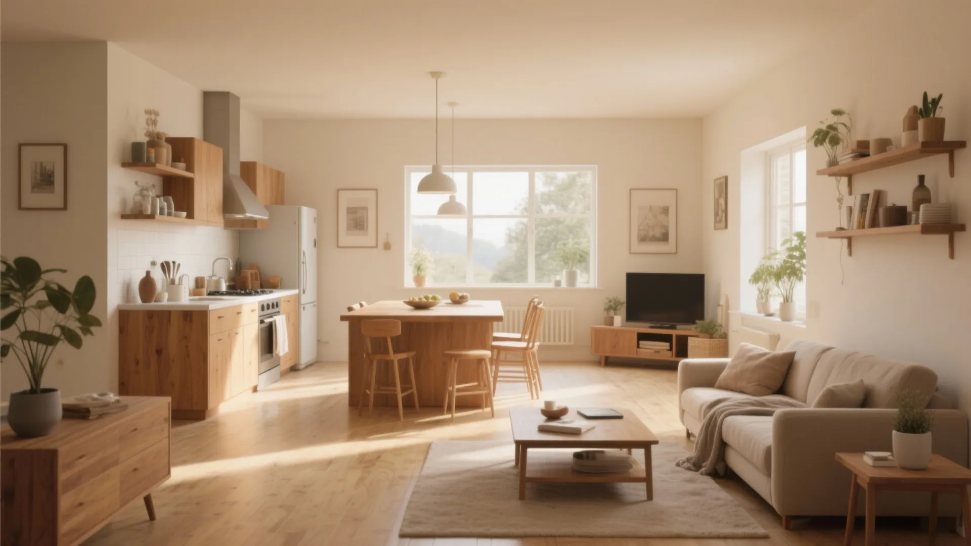 Modern open plan living room with wooden kitchen cabinets white sofa and natural light from window