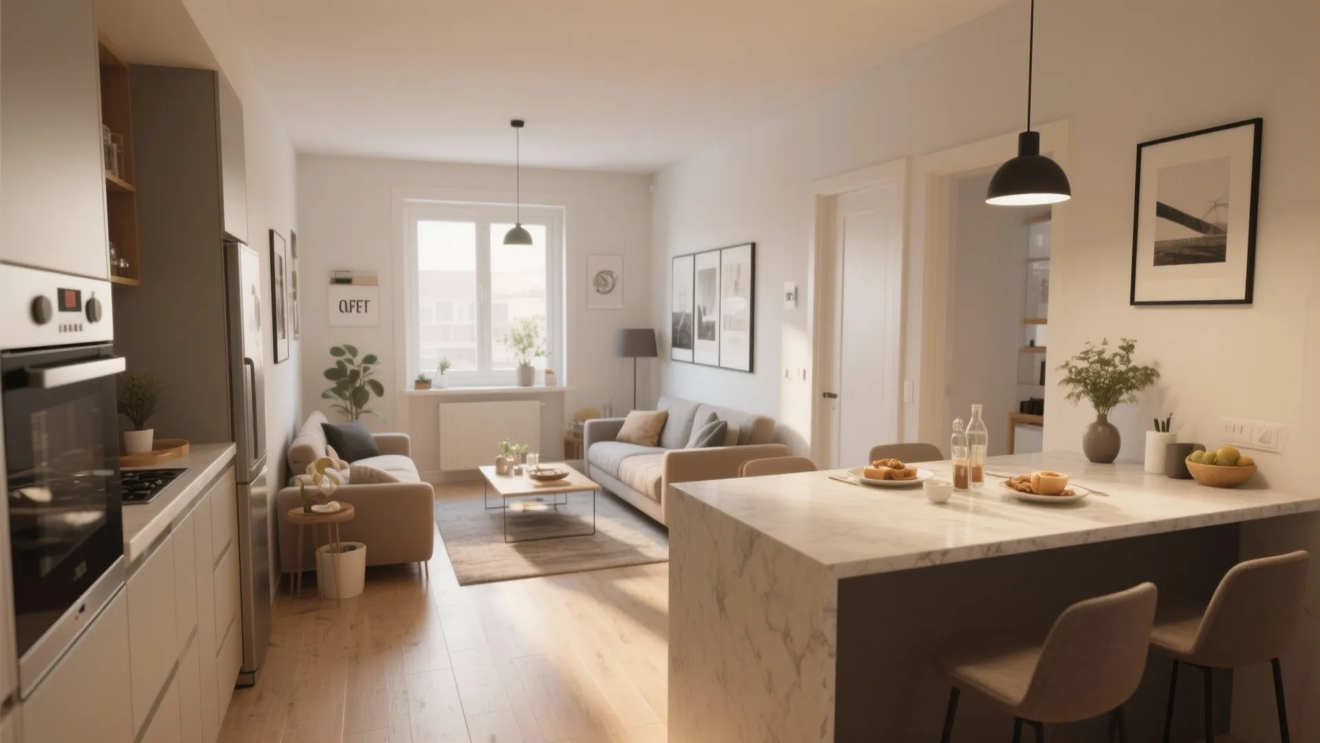 Open kitchen and living room with peninsula counter in a small apartment