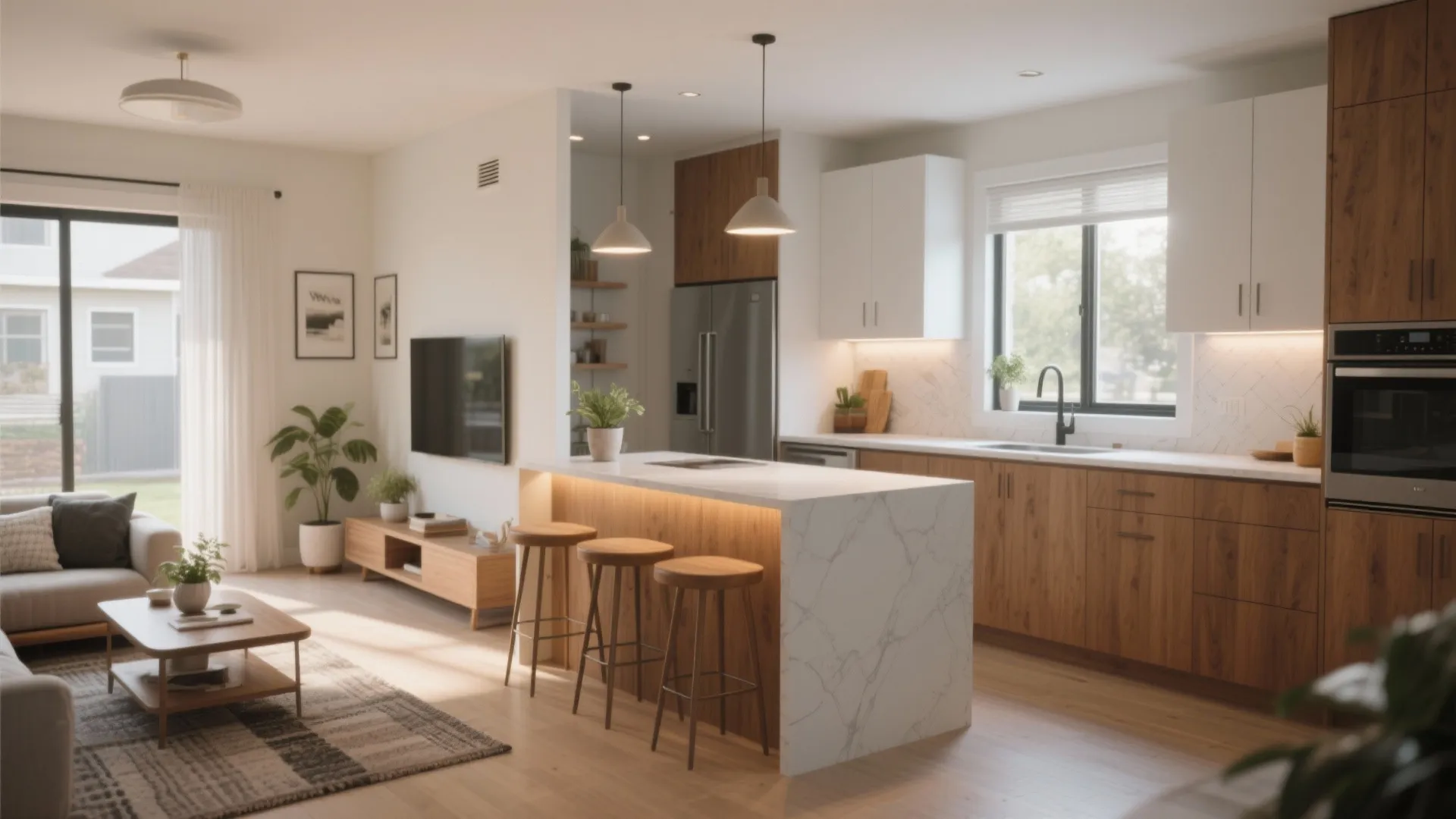 Open kitchen-living ADU with peninsula, bar stools, and cohesive material palette