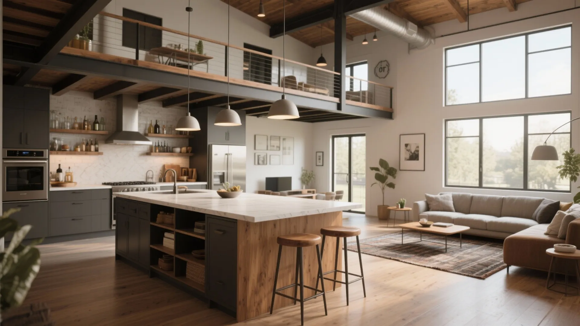 Open kitchen and living area with a long island in a small barndominium