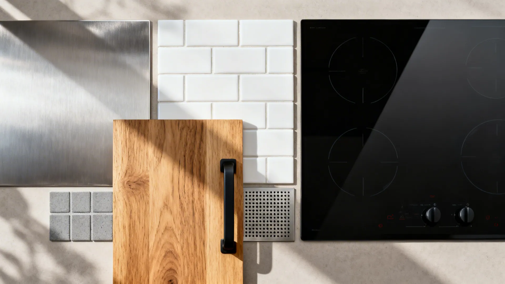 Flat lay of stainless, white tile, warm oak, and induction glass materials.