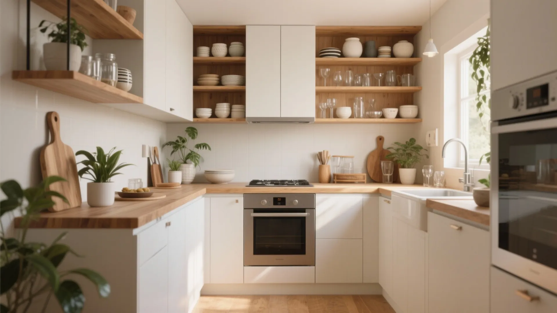 Bright white u-shaped kitchen interior design with wood countertops plants oven and open wall shelves