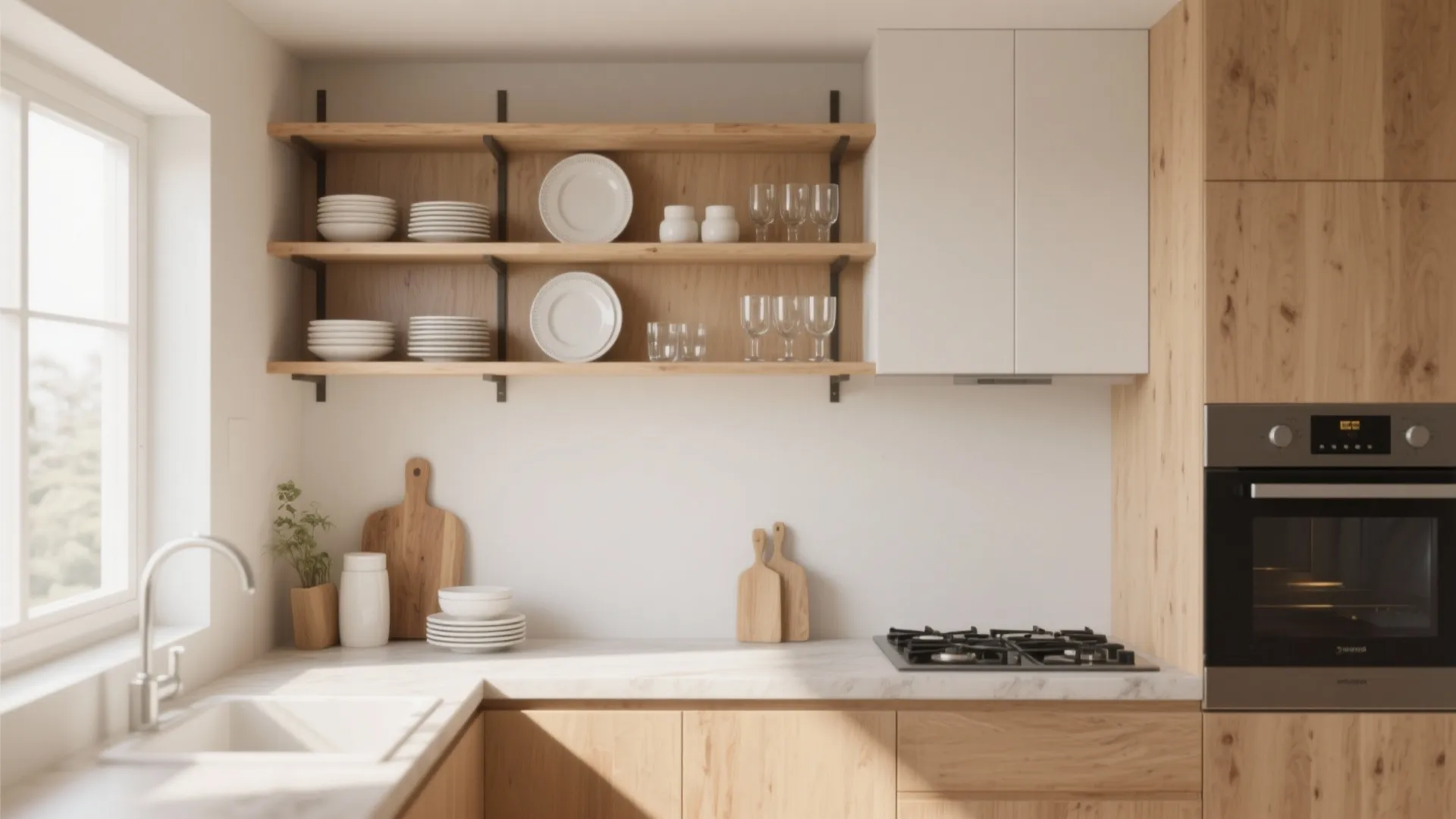 Modern kitchen with wood open shelves holding white plates glasses above a white marble countertop