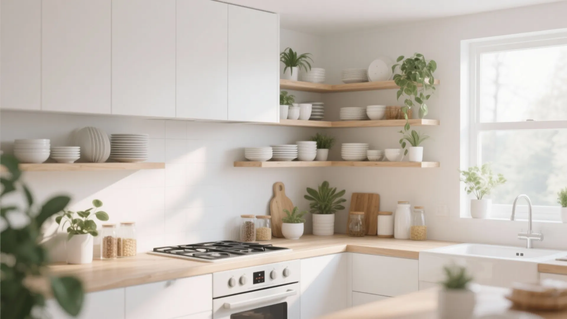 Bright white kitchen with wood countertops open wooden shelves with plates plants and natural light
