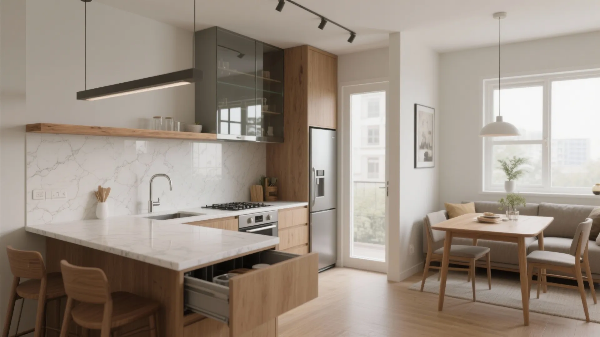Open kitchen with a sightline-first approach