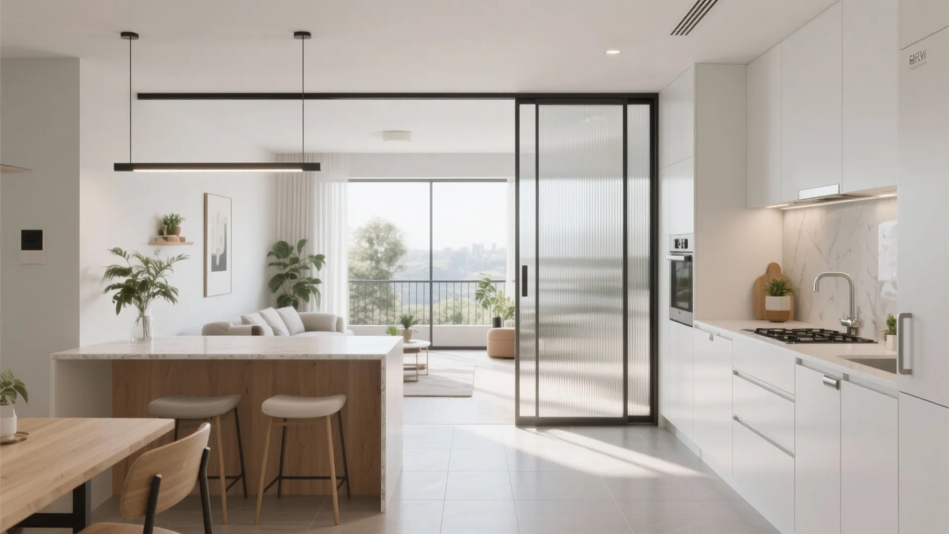 2) Open Kitchen + Sliding Partitions for Flex Living