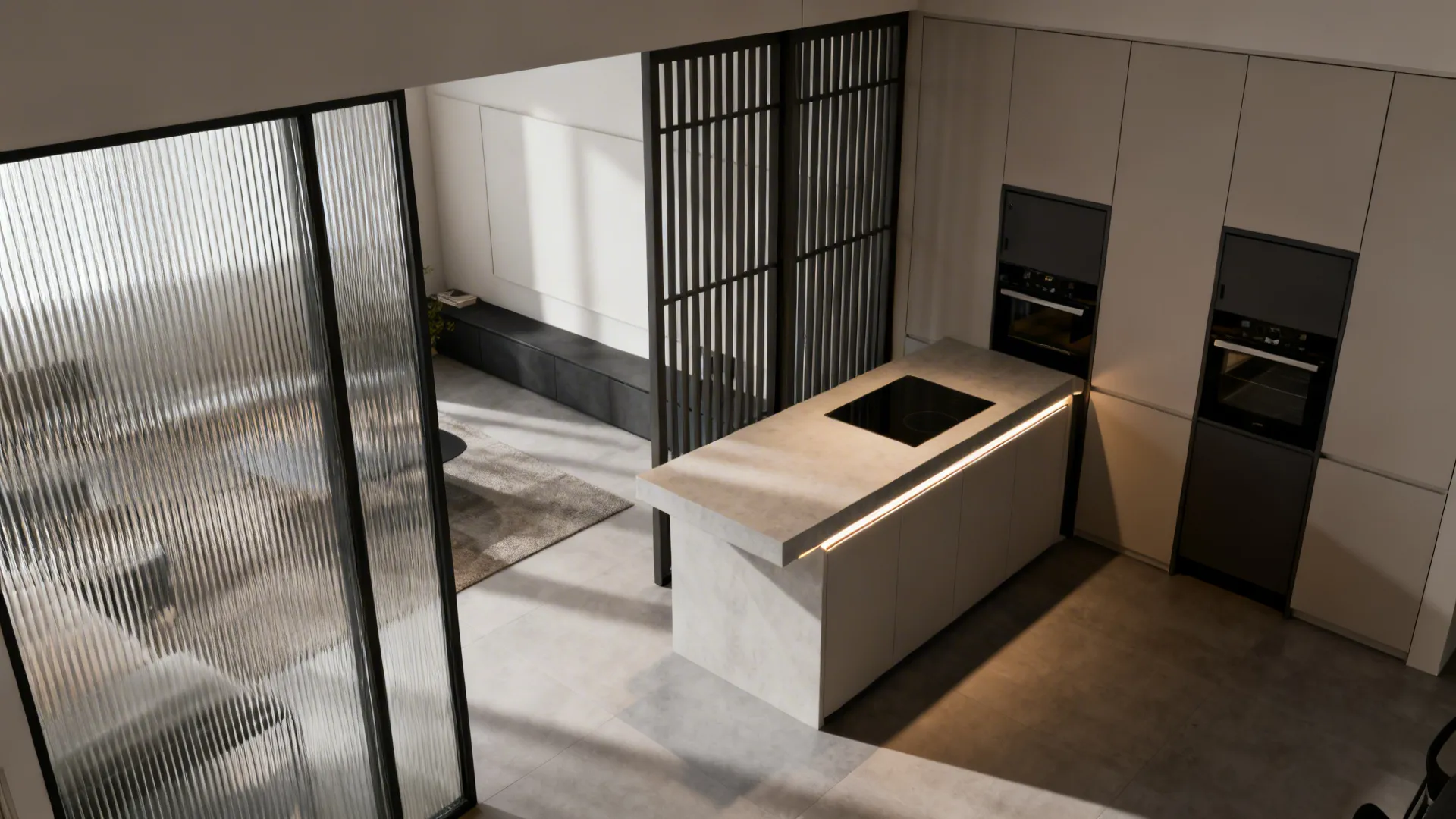 Top-down apartment layout illustrating five ways to soften an open kitchen using partitions, screens, lighting, millwork, and palette.
