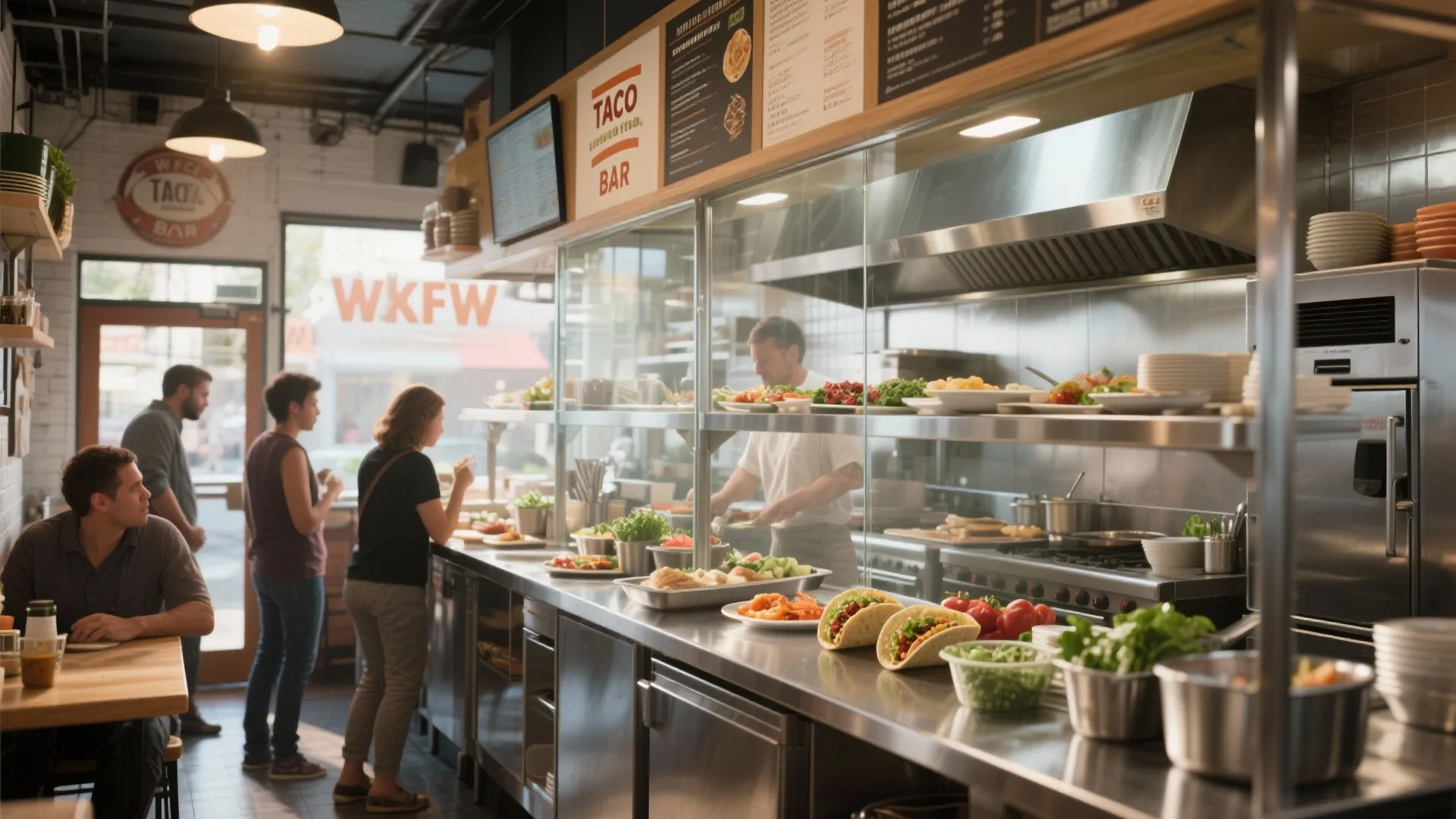 Customers ordering food at taco bar with fresh ingredients and staff working in open kitchen