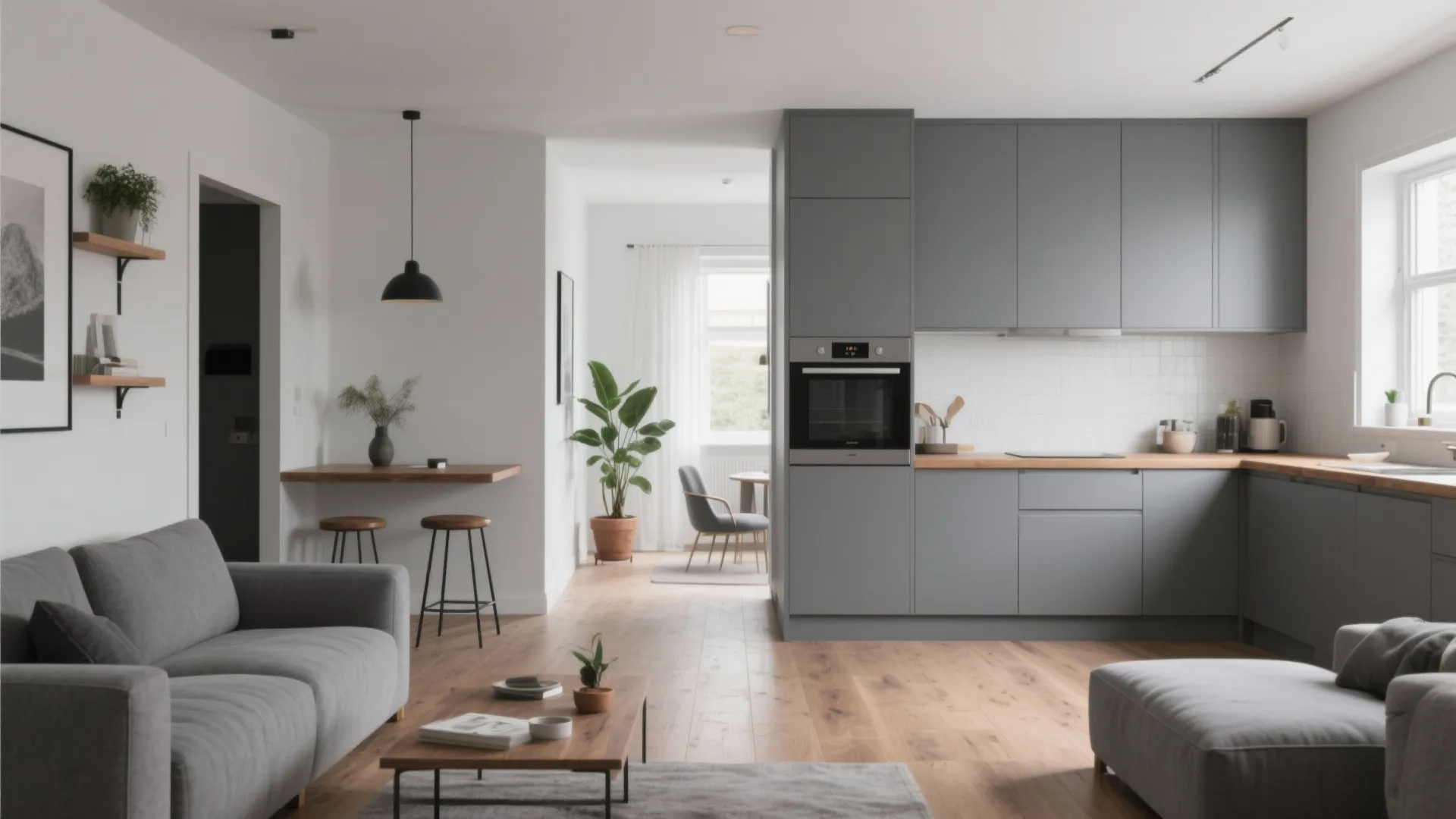 Modern open kitchen with grey cabinets wooden countertops and living area with grey sofa furniture