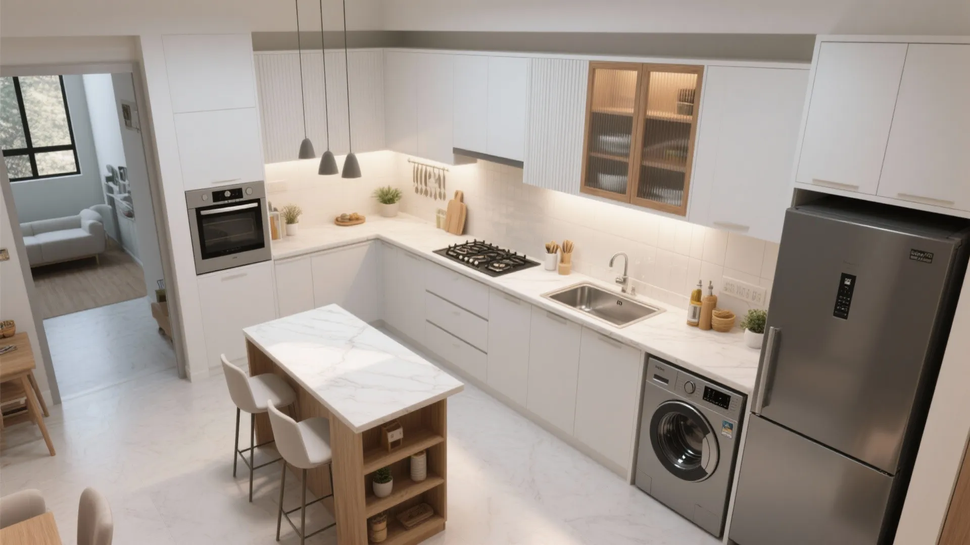 3) Open kitchen + utility strip for compact 3 BHKs