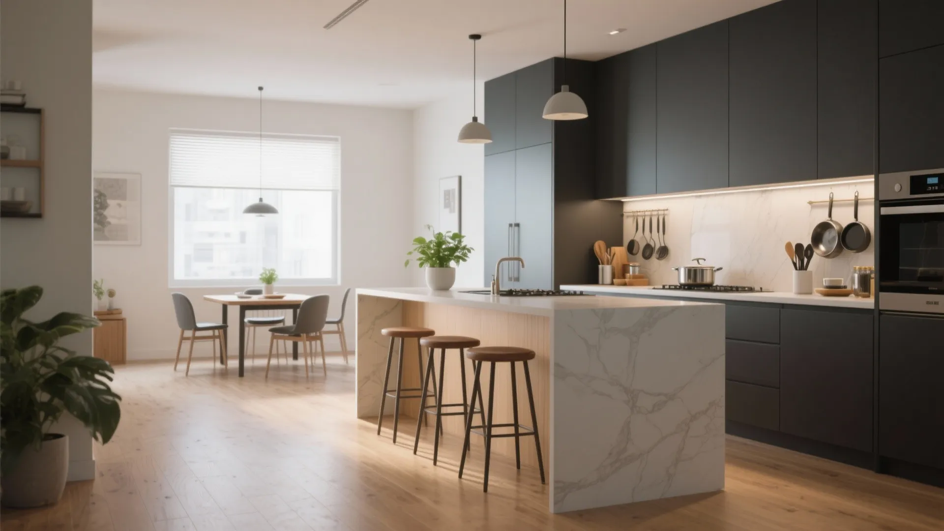 2. Open Kitchen, Zoned Dining