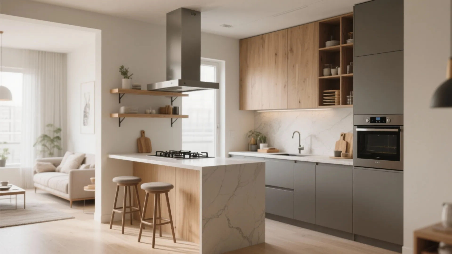 Open kitchen in a small apartment with a slim island and floating shelf defining zones