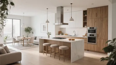 Modern Open-Plan Kitchen with Marble Island & Warm Wood Accents