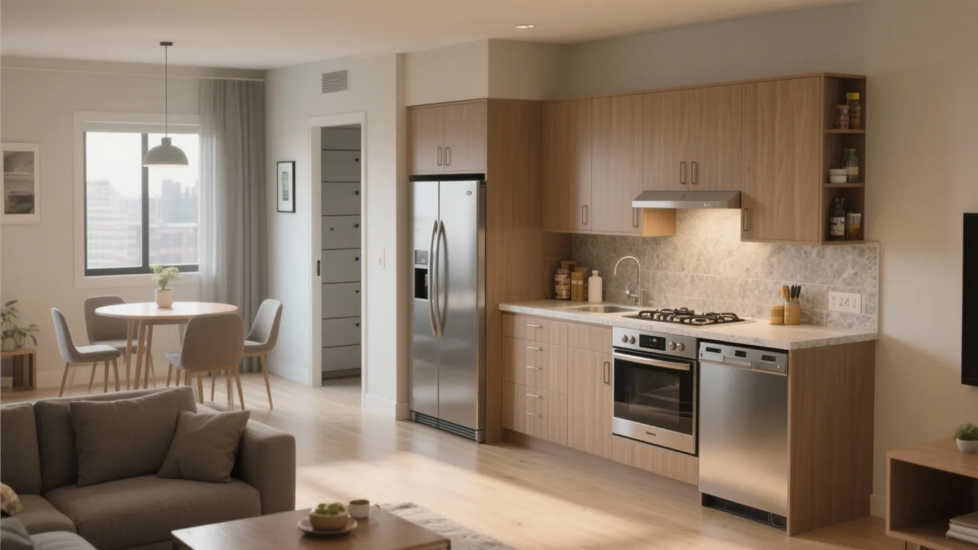 Modern kitchen with wood cabinets stainless steel fridge integrated stove and small dining table area set