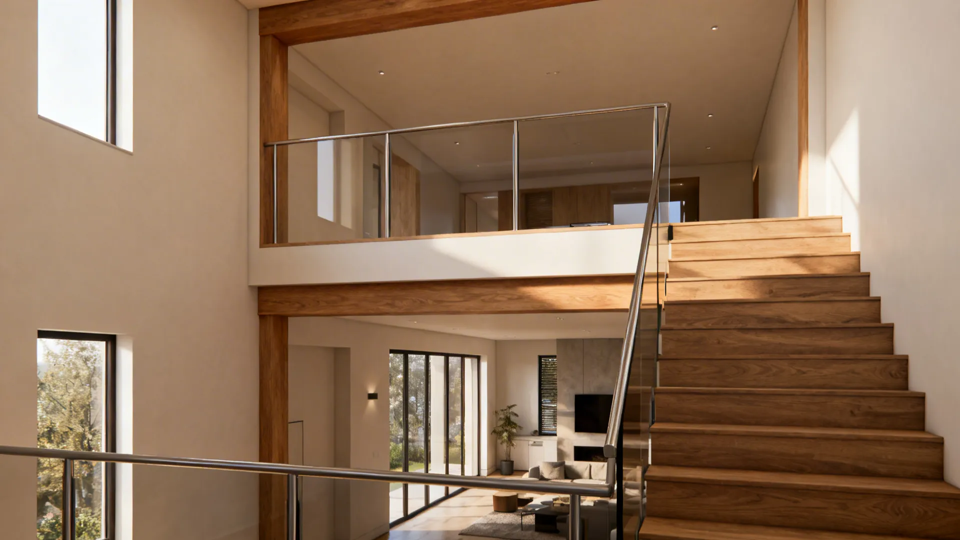 Mid-level landing opened up with glass and slim metal rails creating a two-story sightline and daylight flow.
