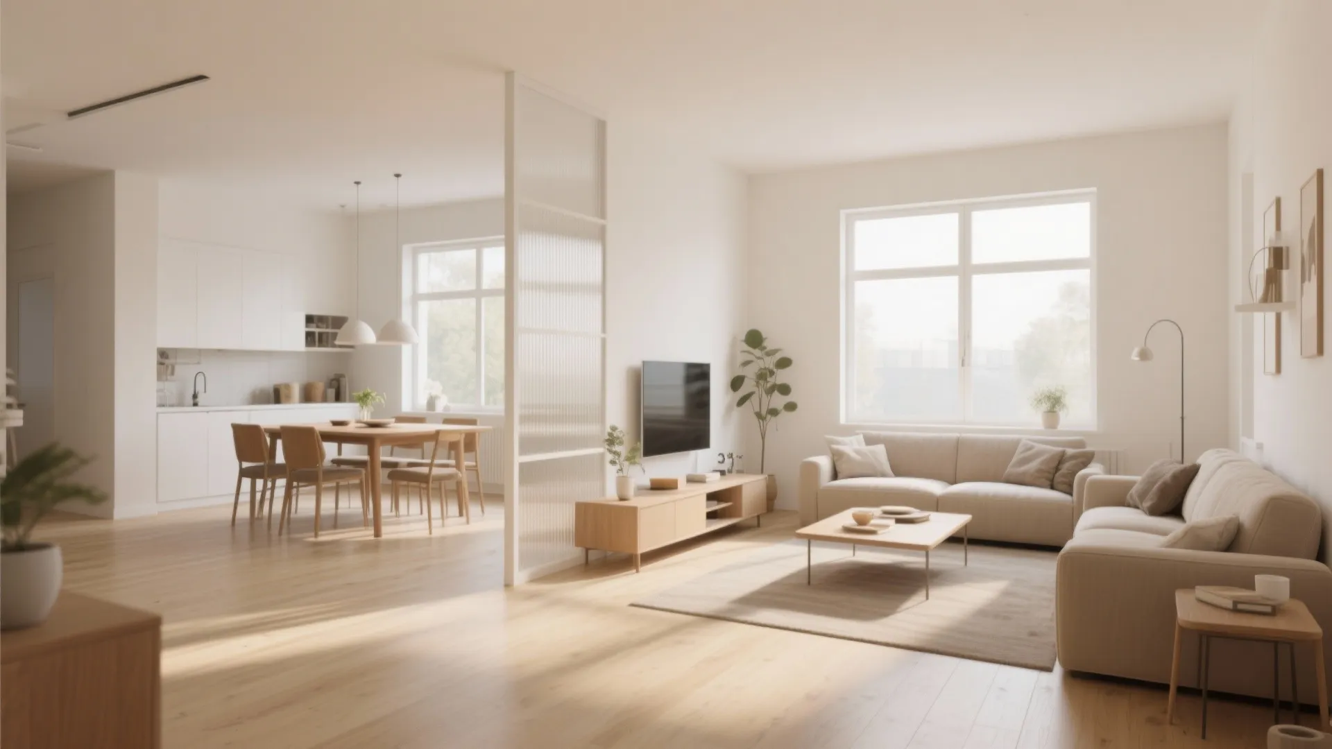 Modern open plan living room with wood floor white walls glass partition and dining table