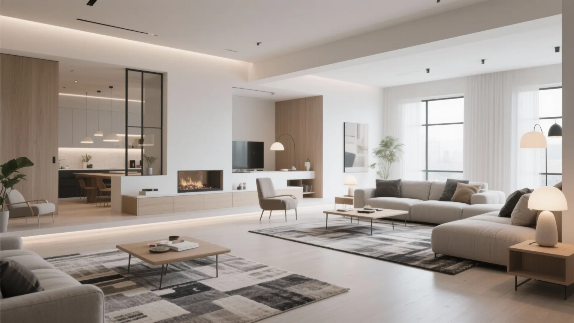 Modern open plan living room with white sofas fireplace wooden coffee table and large windows view