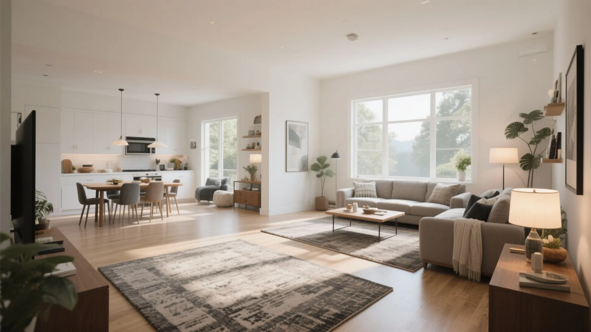 Bright open plan room layout with white kitchen, dining table, grey sofa, and wooden floor
