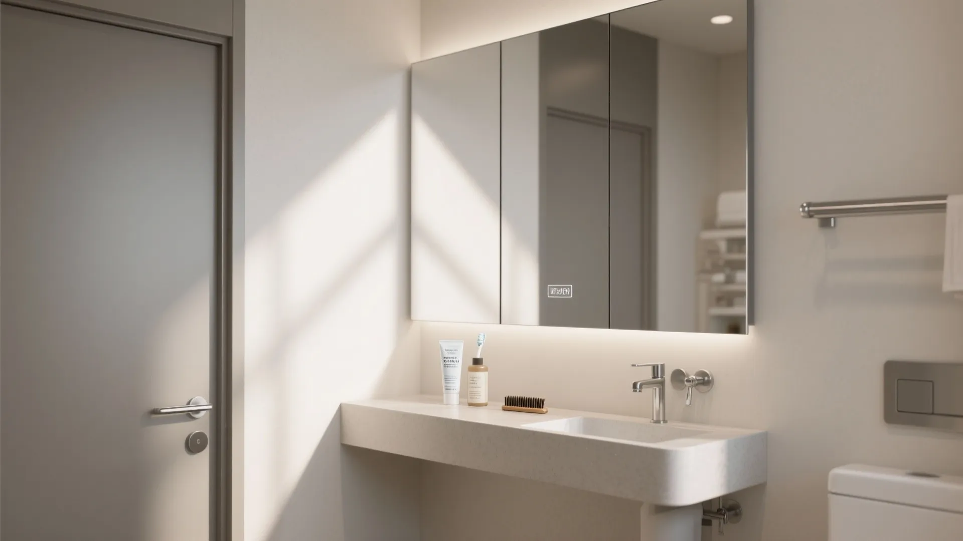 Open-Ledge Mirror Hybrid for Micro Bathrooms