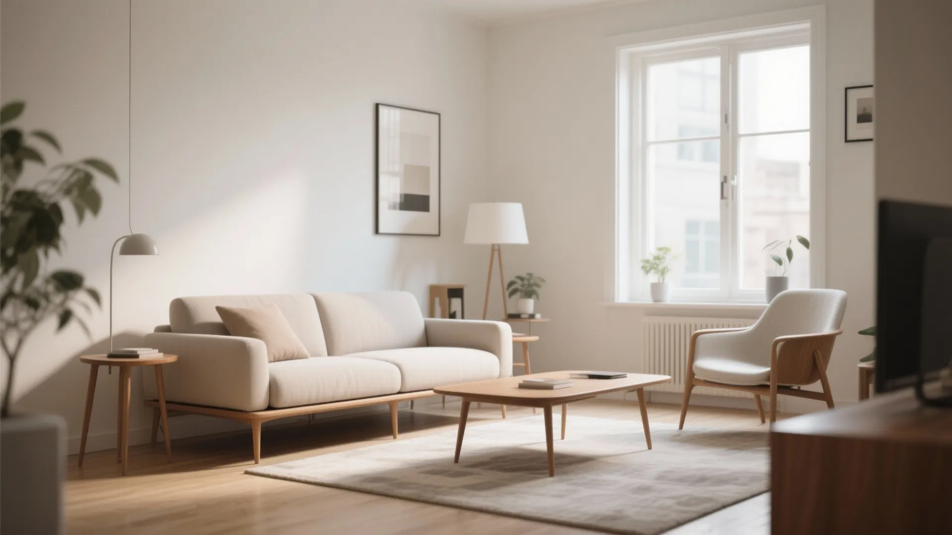 Minimalist living room with beige sofa wood coffee table white armchair and large bright window