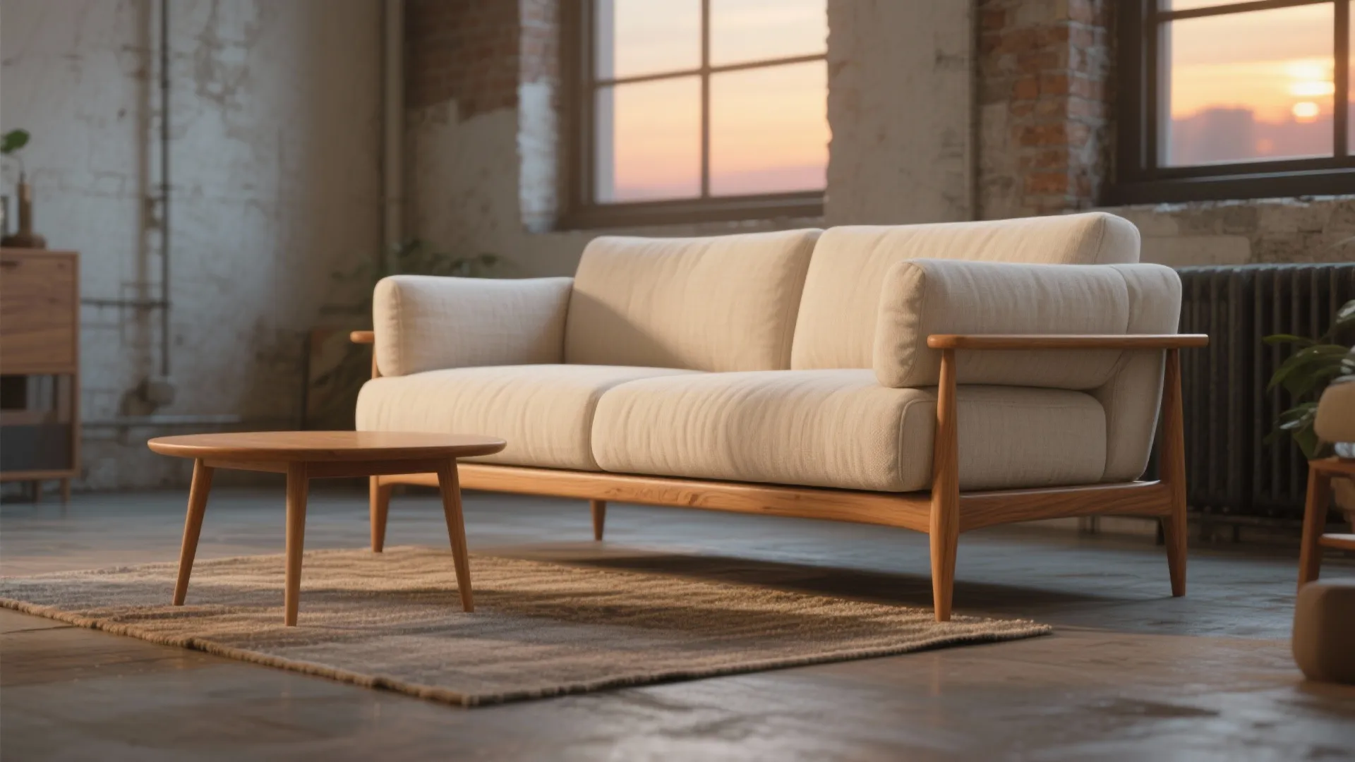 Modern cream sofa with wooden legs and arms sitting on a rug by a window