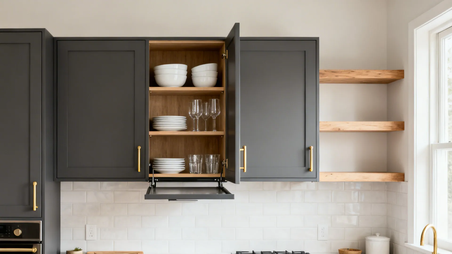 Open shelf bay flanked by closed uppers with a lift-up door in a compact kitchen.