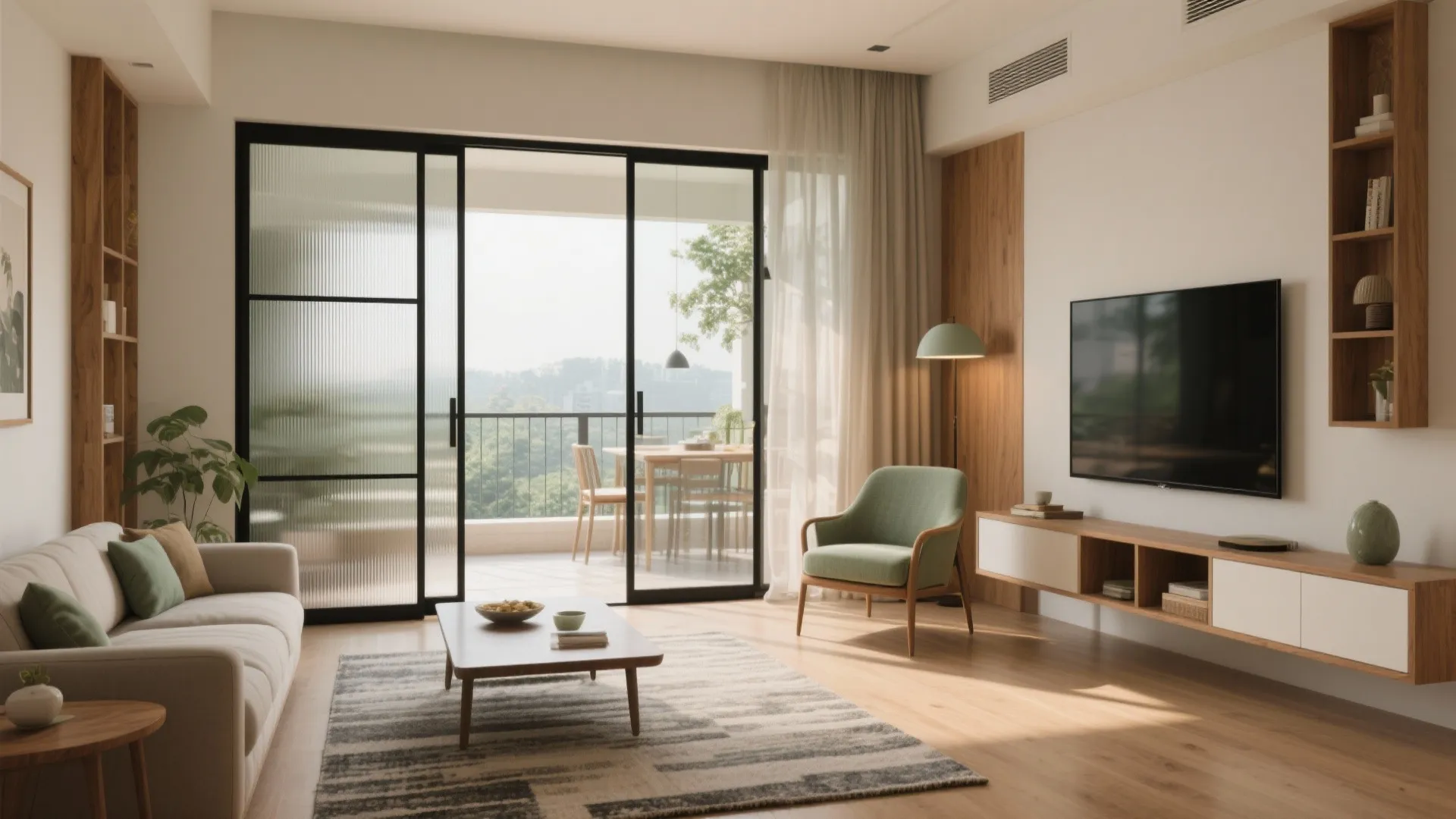 Open living-dining with sliding partitions