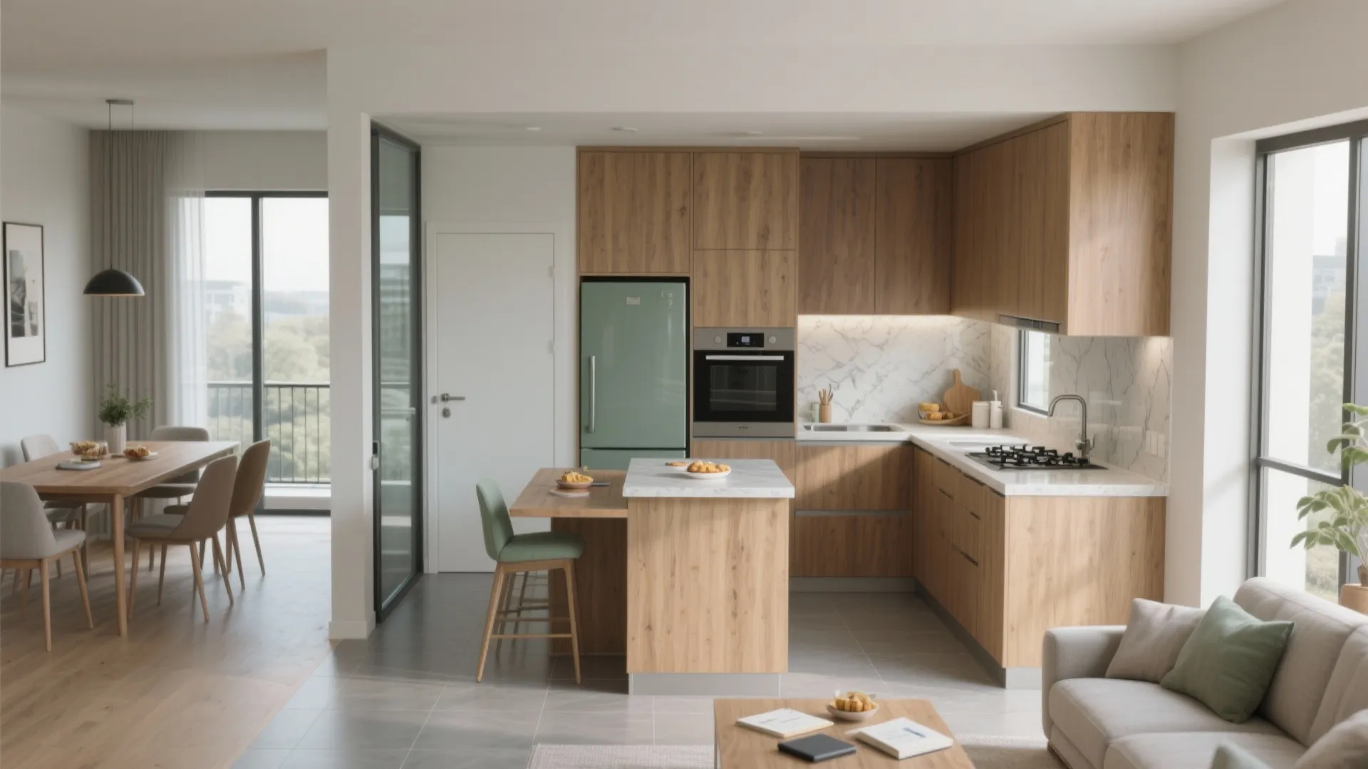 1) Zoned Open Living–Dining With a Modular Kitchen