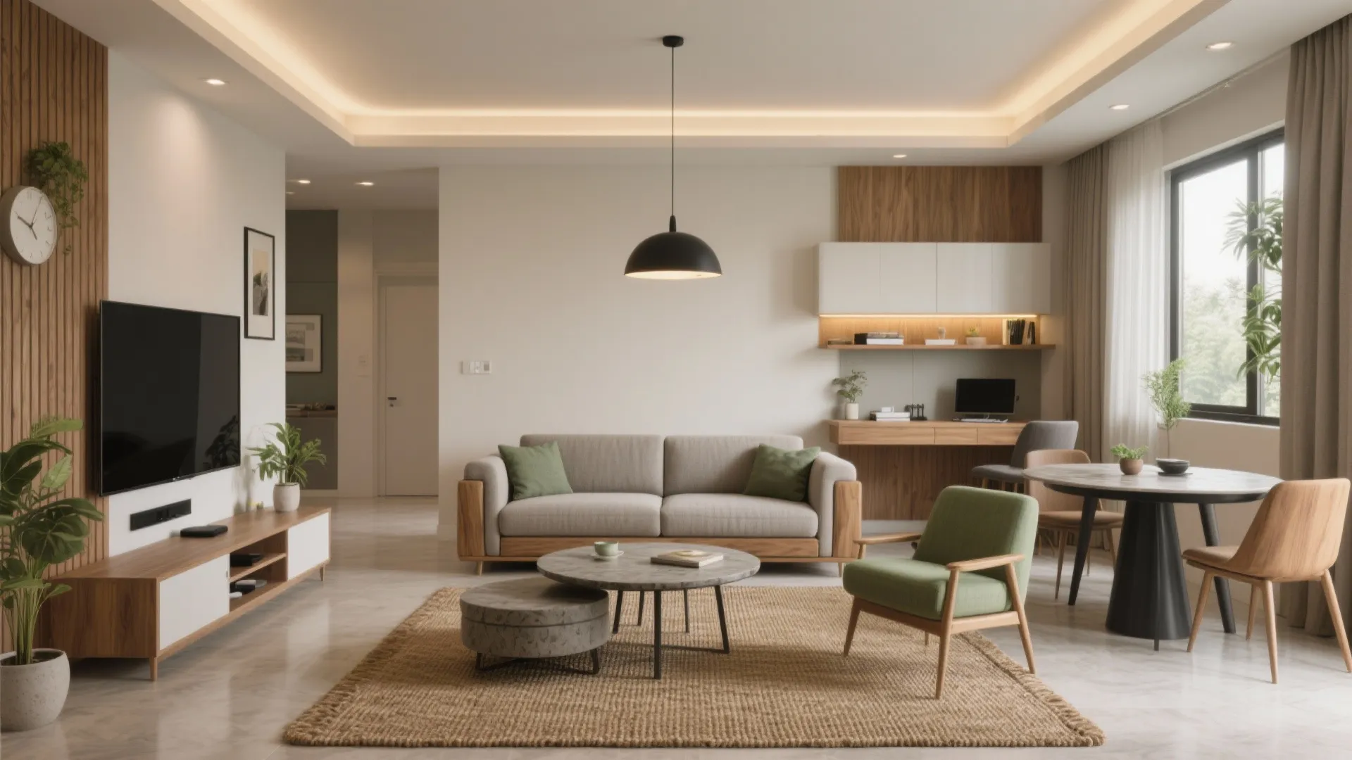 Open living-dining with modular pieces and clear zones