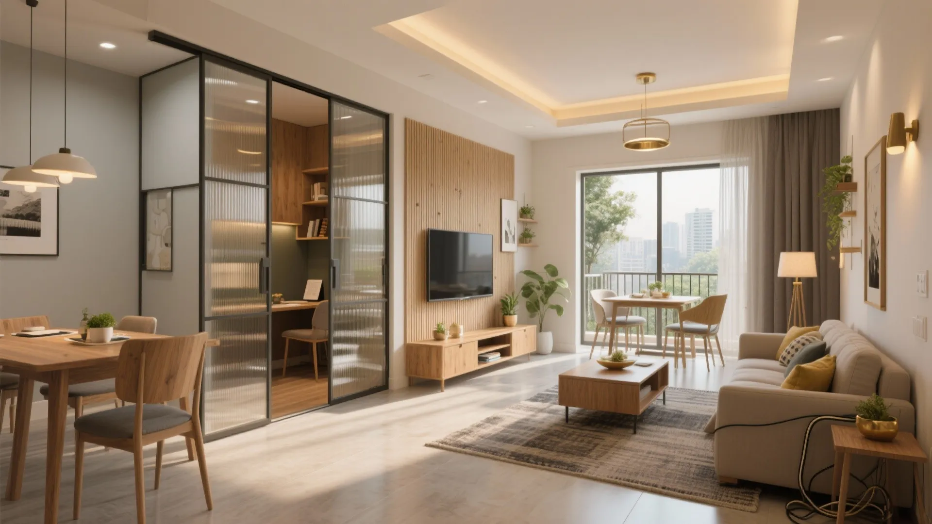 Open-concept living–dining with flexible partitions