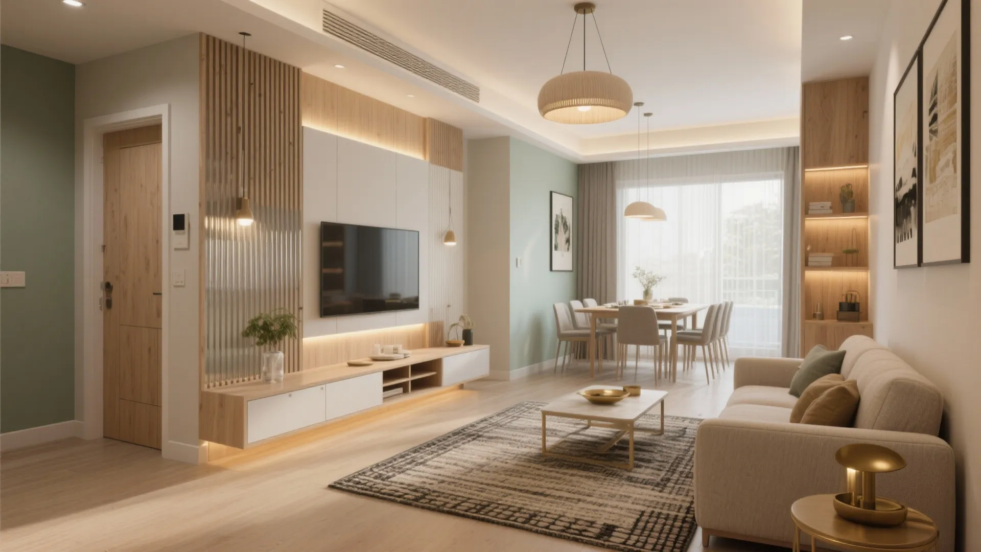 Idea 2: Open living-dining with “soft” zoning and hidden storage