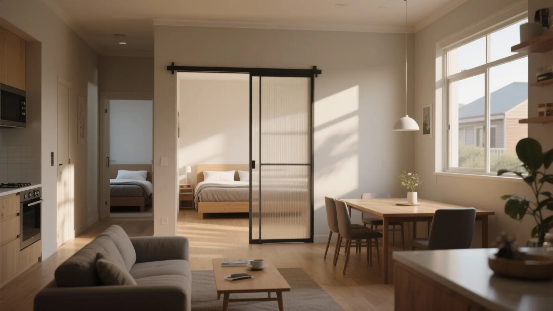 Compact open living area with kitchen and sliding pocket door to bedroom.