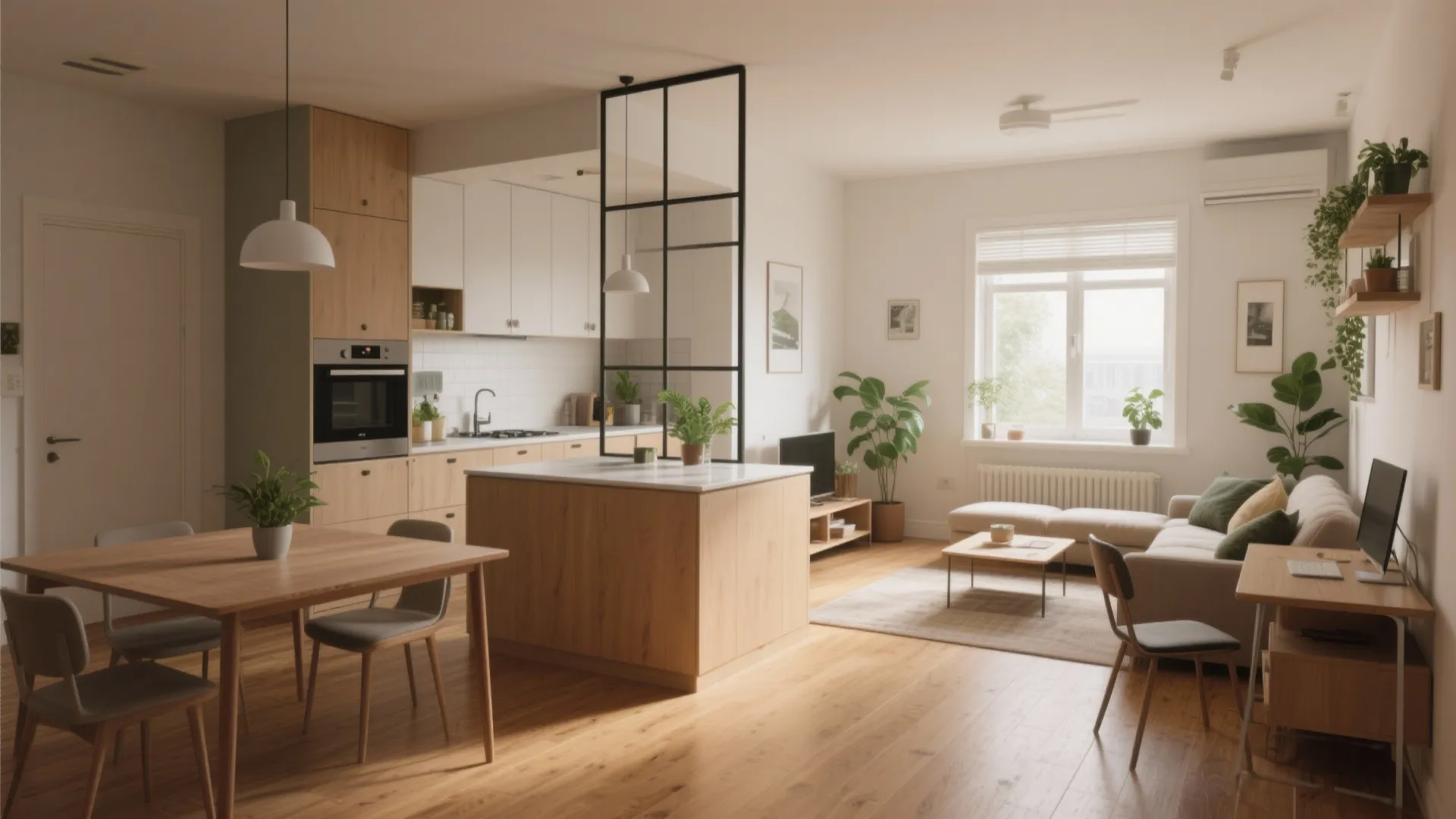 Modern open plan living room with wooden kitchen island white cabinets beige sofa and natural light