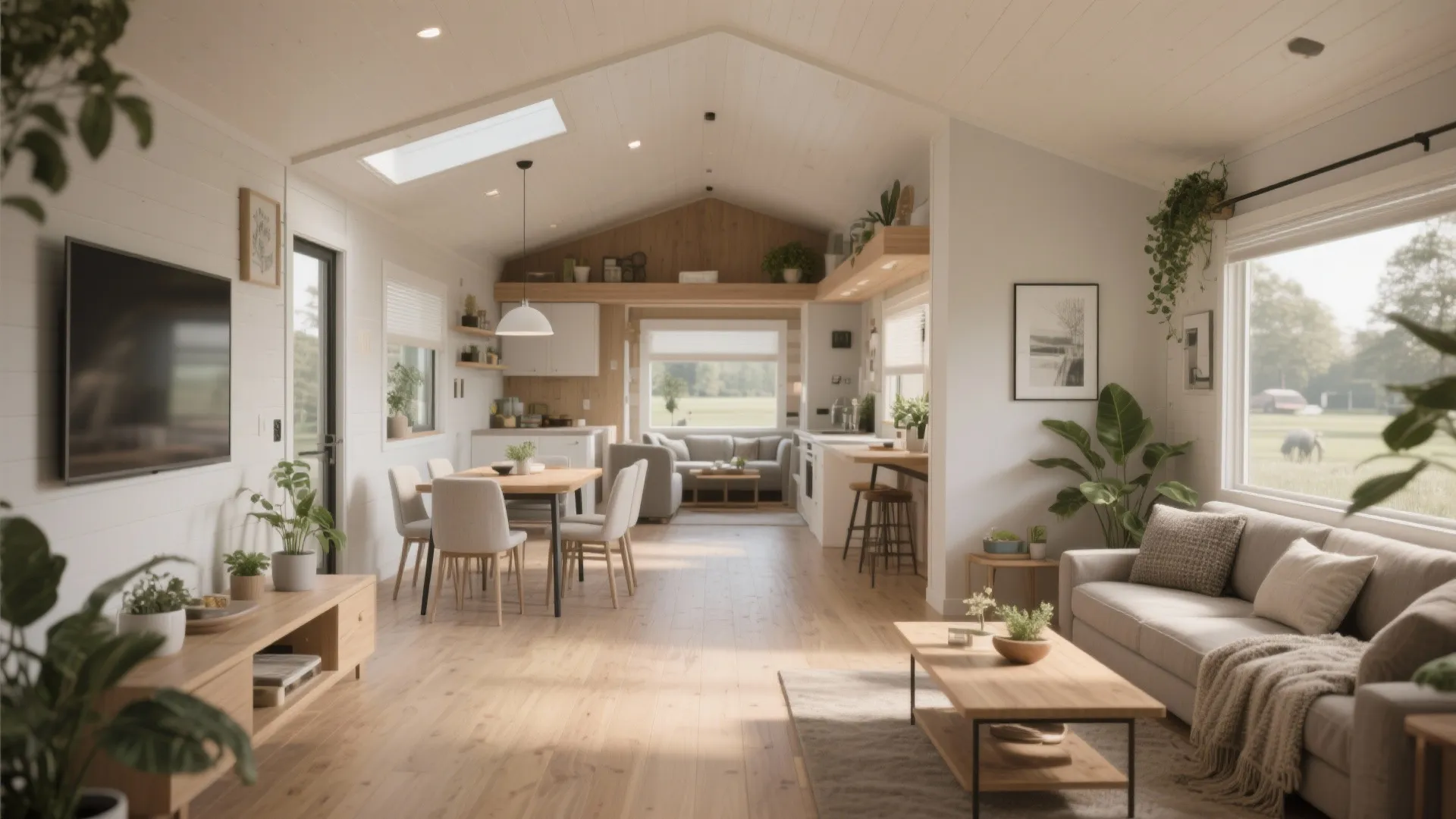 Modern open living room with wooden dining table and grey sofa under a sloped ceiling