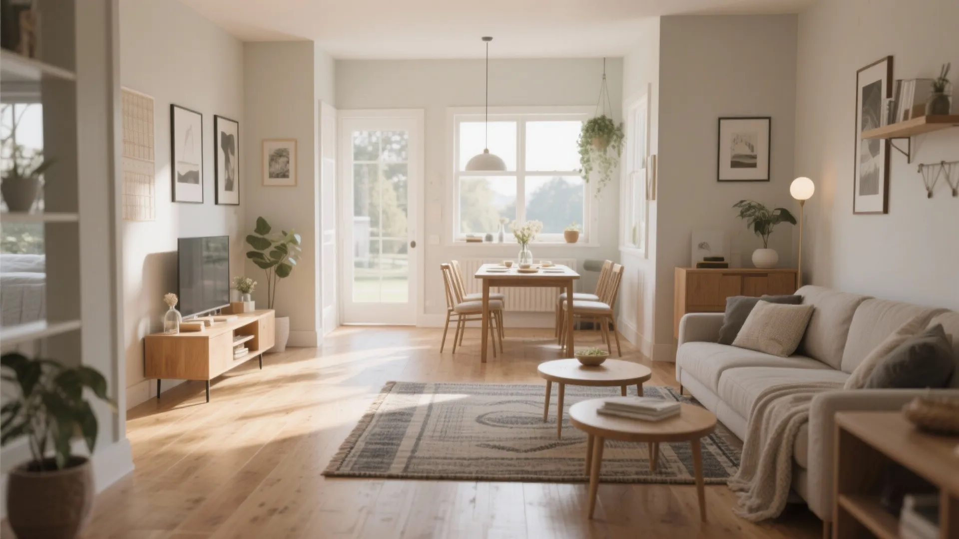 Modern open plan living room featuring beige sofa wooden dining table rug and large glass door