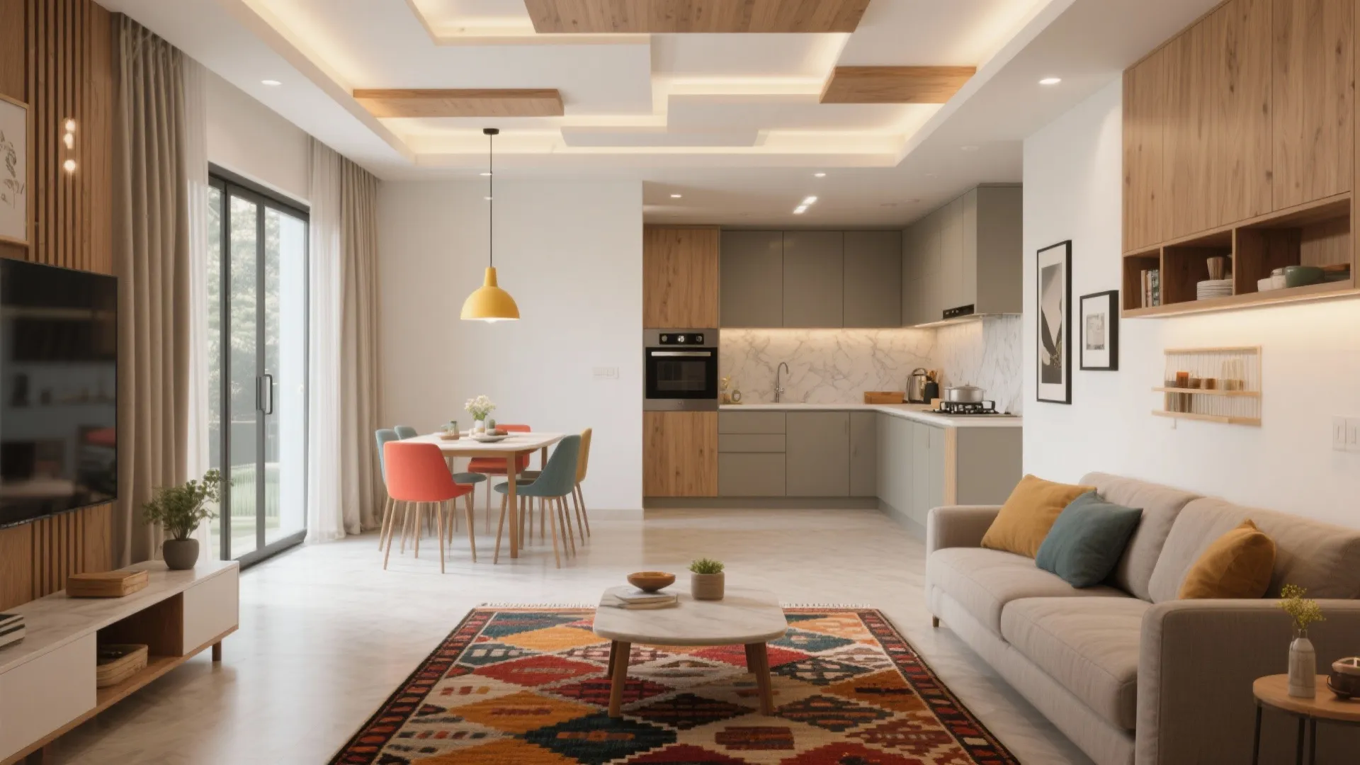Bright open-plan living–dining space with sliding glass kitchen, bold rug, and pendant lighting.