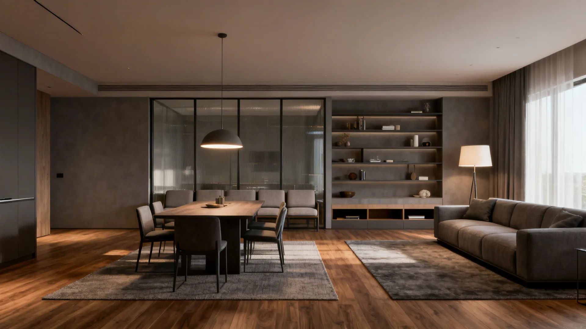 Open plan living and dining room with wooden floor grey sofa table and ceiling light