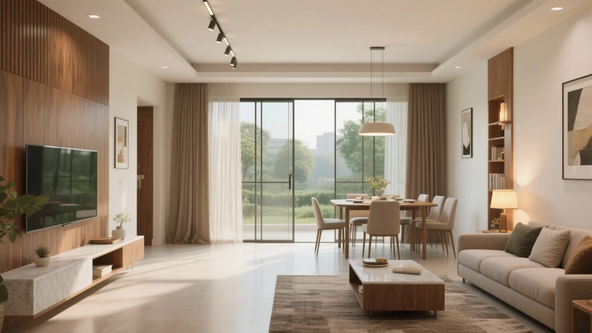 Open-plan living-dining with sliding glass flexibility