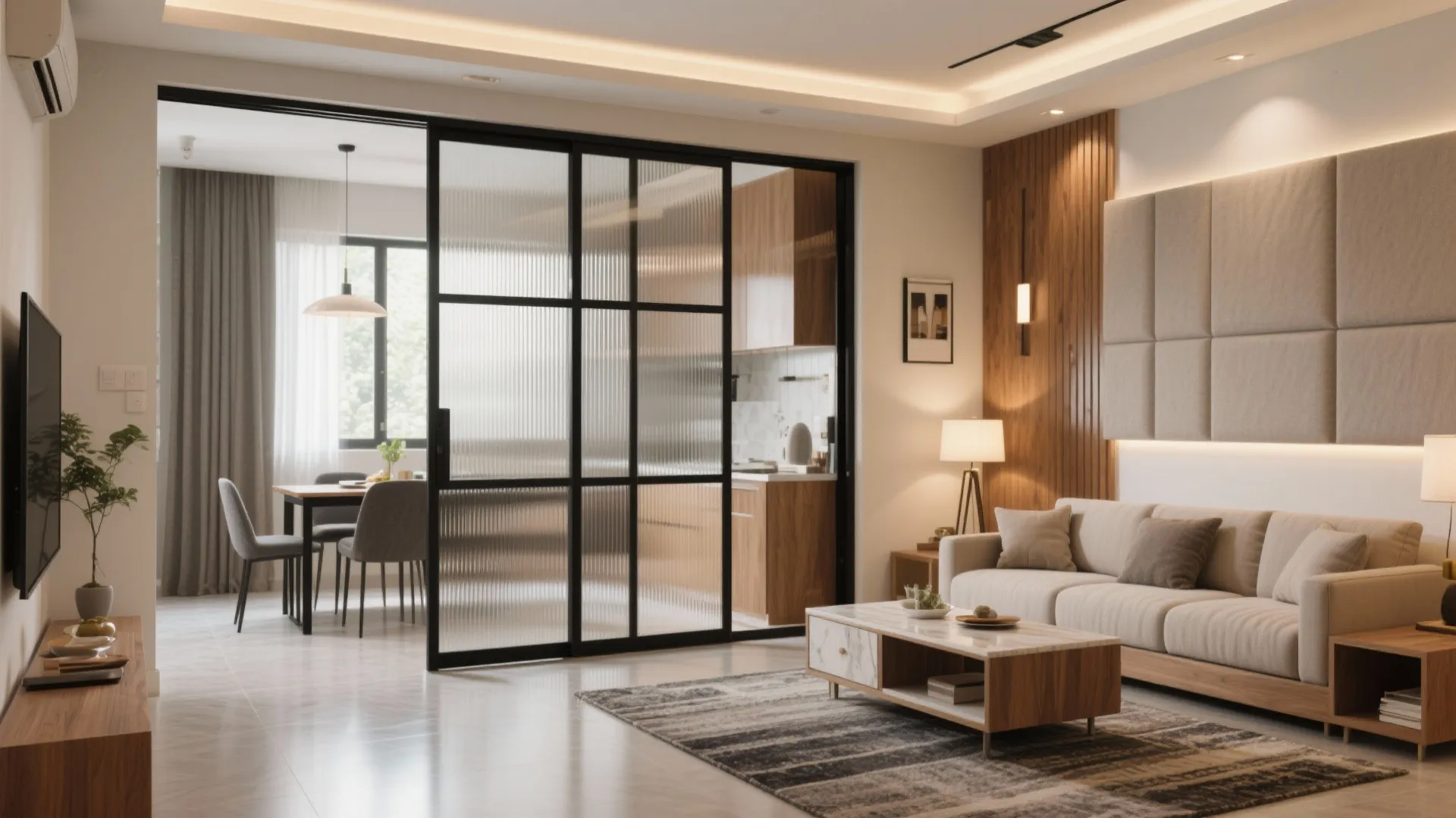 Open Living-Dining With Sliding Glass to Borrow Light