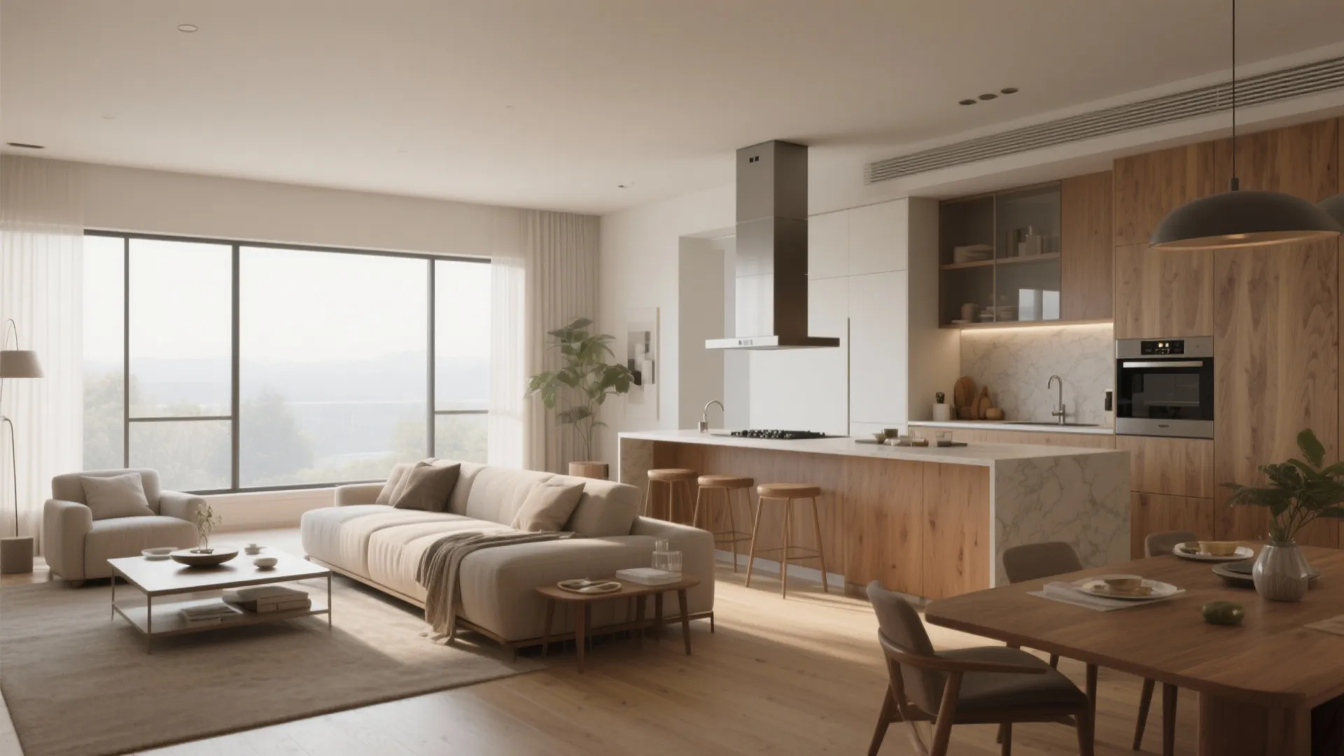Modern open plan living room with a beige sofa wooden kitchen island and large bright windows