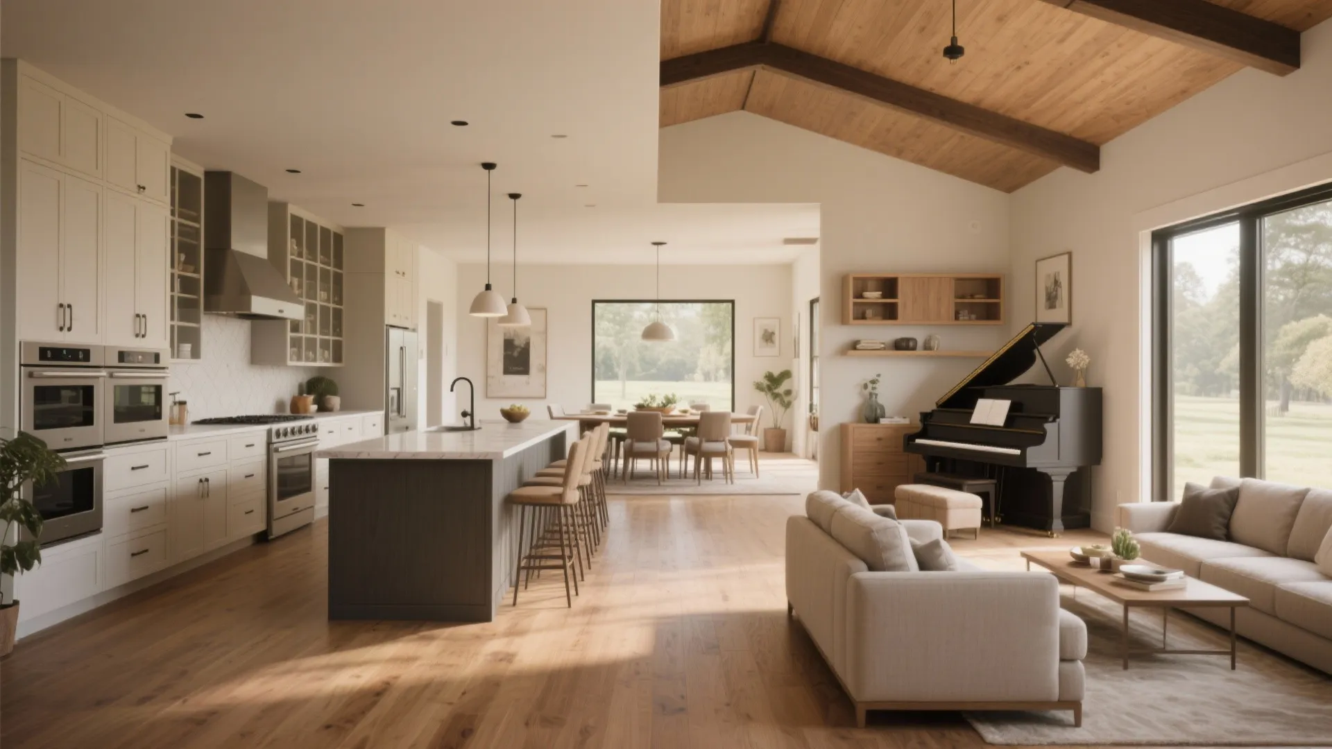 Spacious open plan home interior with white kitchen island wooden ceiling and black grand piano