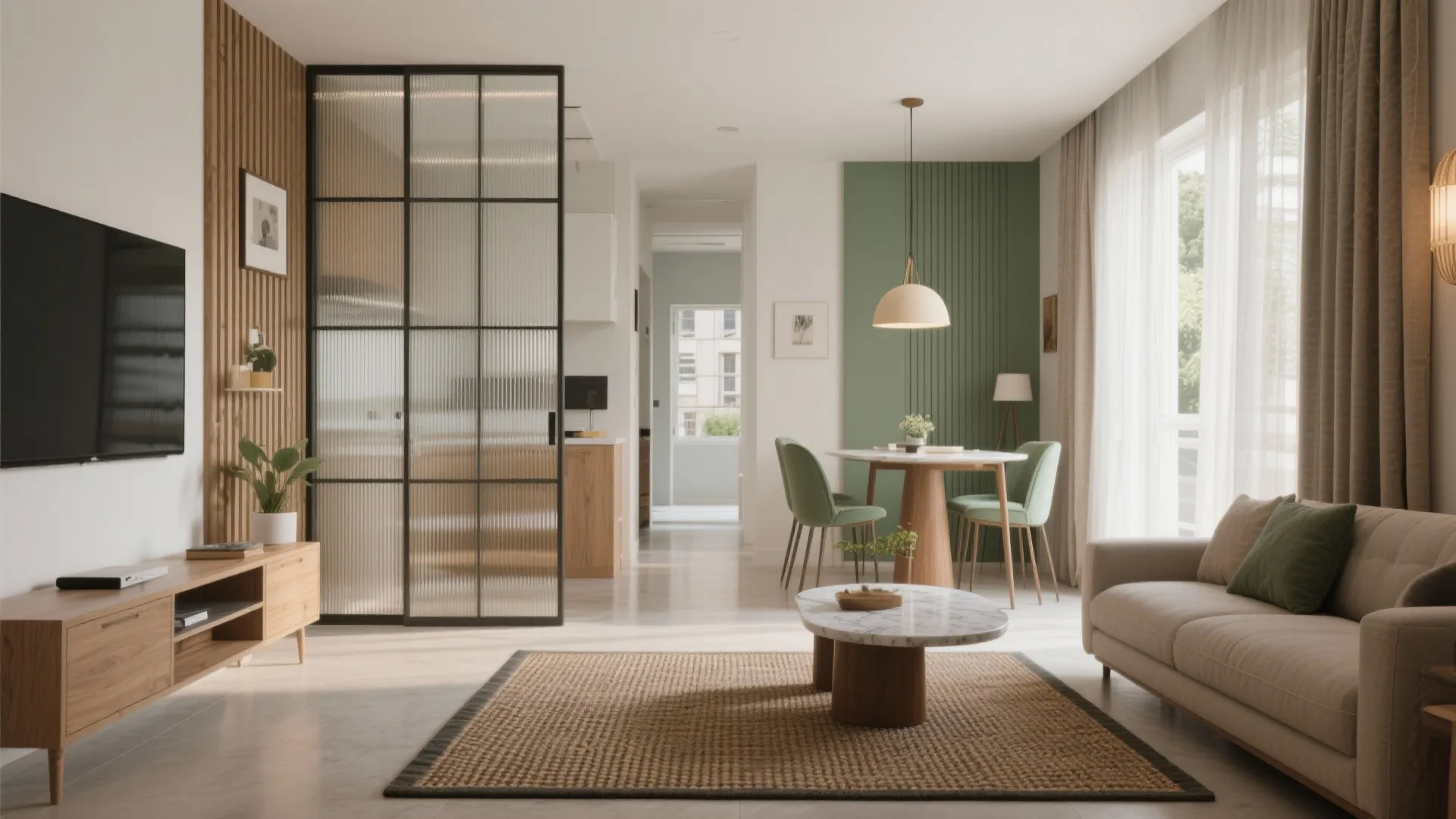 Modern open living room with glass divider green wall panel dining table sofa and natural light