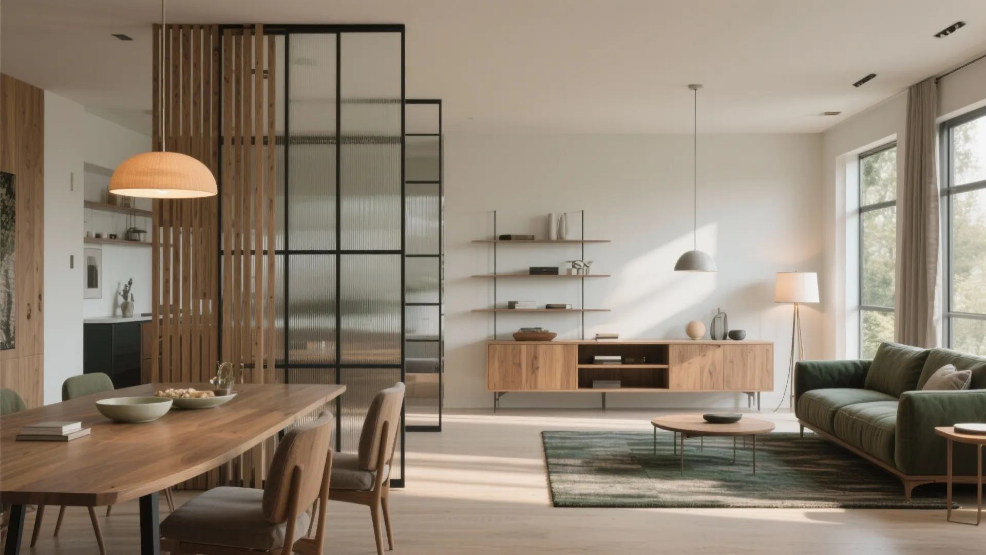 Modern open living area with wooden dining table green sofa glass wall divider and ceiling light